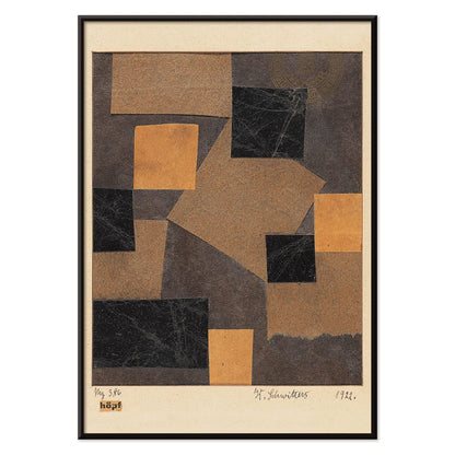 Abstract collage poster with black and brown geometric shapes by Kurt Schwitters Mz 386 Hopf Merzzeichnung, with black aluminium frame on white background