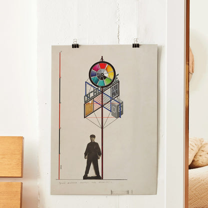 Geometric exhibition stand design by Gustavs Klucis for VKhUTEMAS featuring a colorful structure and a person below poster style, framed and displayed in modern living room decor