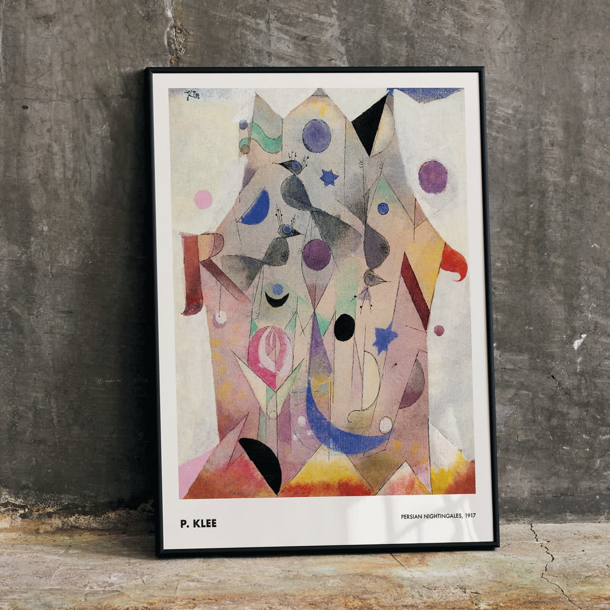 Abstract artwork Persian Nightingales by Paul Klee featuring geometric shapes birds and colorful patterns, framed and displayed in home decor