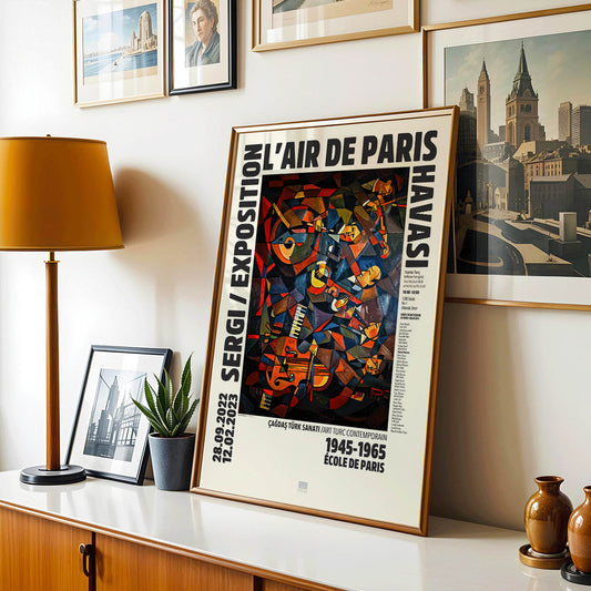 Le Concert by Hulusi Mercan L Air de Paris exhibition poster with vibrant abstract musical instruments artwork, framed and displayed in home decor