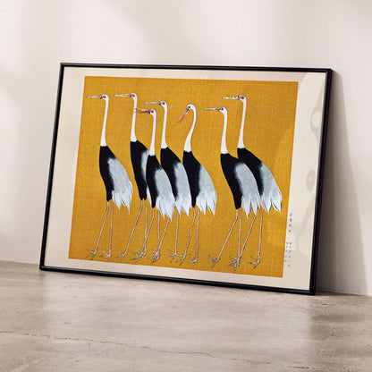 Traditional Japanese red crown crane artwork and portrait poster featuring a flock of beautiful birds by Ogata Korin, framed and displayed in home decor