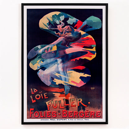Closeup detail of Colorful swirling dancer La Loie Fuller by Pal poster advertising Folies Bergere performance