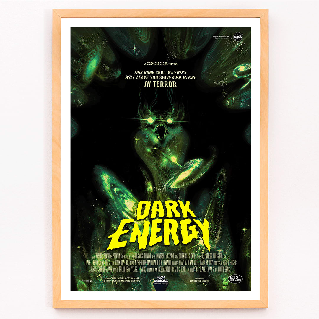 Dark Energy by NASA space-themed poster featuring a menacing alien monster dark eerie illustration and glowing green text, framed and displayed in modern living room decor