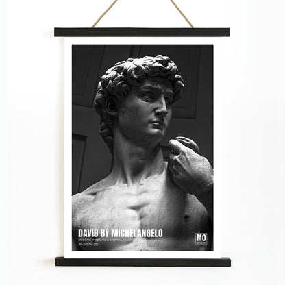 David by Michelangelo Buonarroti classic sculpture and grayscale poster from Mo Art Gallery Florence, with wooden magnetic frame on white background