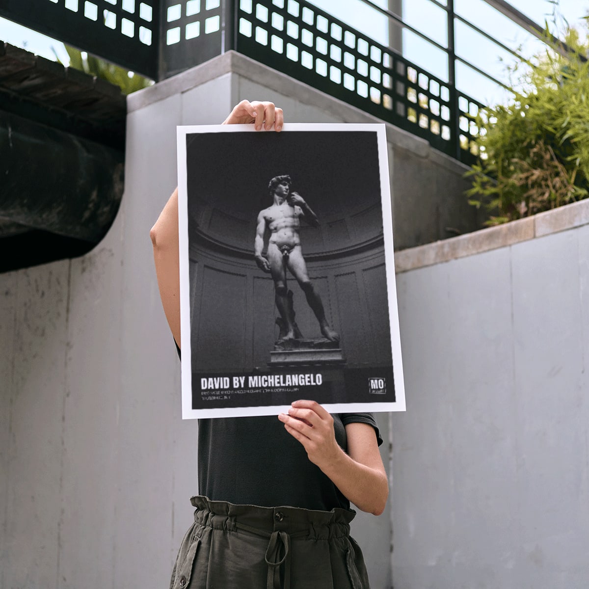 Michelangelo Buonarroti David sculpture and poster at Mo Art Gallery Florence, framed and displayed in modern living room decor