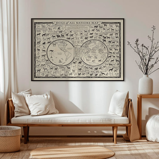 Dogs of All Nations Map by Frantz E illustrated poster featuring various dog breeds from around the world, framed and displayed in home decor