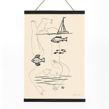 Drowned by Mikuláš Galanda surreal minimalist line drawing poster featuring abstract human figure fish and sailboat, with wooden magnetic frame on white background