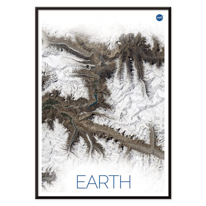 Stunning NASA satellite image of Earth showing snowy mountain ranges and rugged terrain high resolution poster, with black aluminium frame on white background