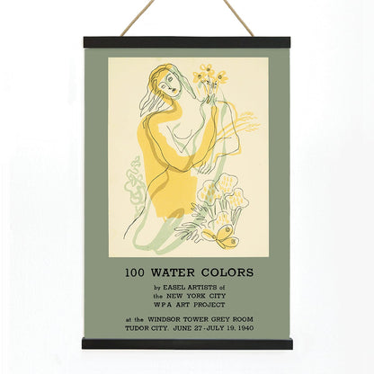 Watercolor illustration poster of a woman with flowers by Easel Artists from the New York City WPA Art Project titled 100 Water Colors, with wooden magnetic frame on white background