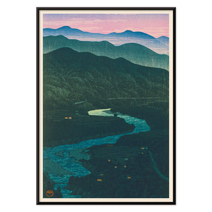 Ecchu Umidani Pass by Kawase Hasui landscape artwork showing mountains and a winding river at dawn and dusk, with black aluminium frame on white background
