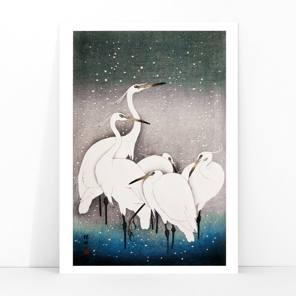 Group of egrets standing together in the snow artwork by Ohara Koson poster, framed and displayed in modern living room decor