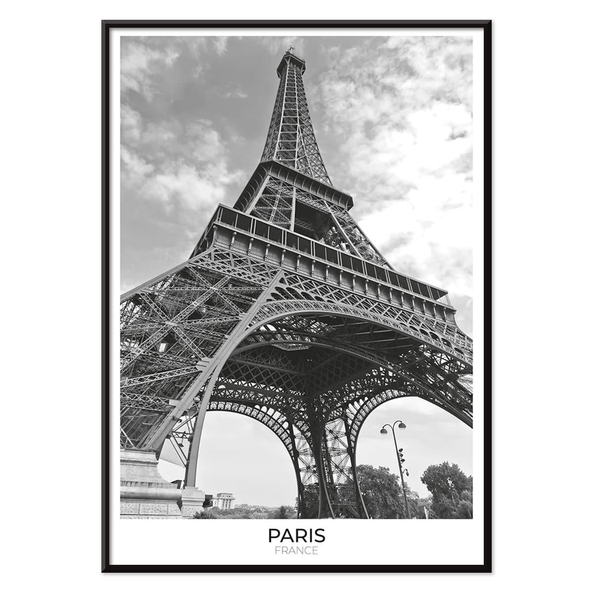 Black and white picture of the Eiffel Tower in Paris featuring its intricate structure by artist poster titled Tour Eiffel Black and White, with black aluminium frame on white background