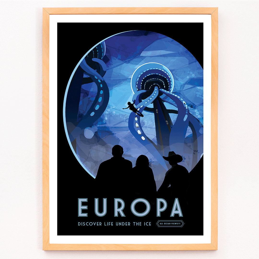 Futuristic underwater scene on Europa with giant tentacled creatures diver and people observing life under the ice by NASA, framed and displayed in modern living room decor