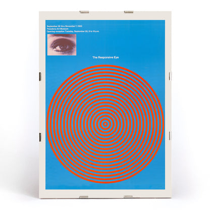 Op art poster with blue and red concentric circles and eye detail from The Responsive Eye by Patrick Blackwell, framed and displayed in modern living room decor