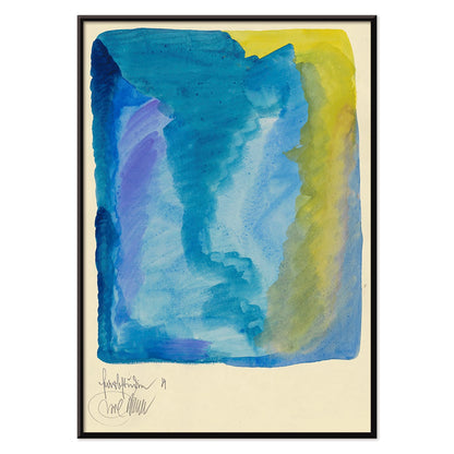 Abstract watercolor poster with vivid blue yellow green and purple tones titled Farbstudien 10 Blätter IV by Karl Wiener, with black aluminium frame on white background