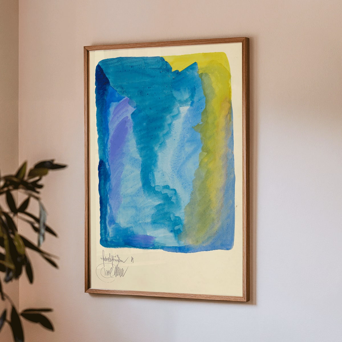 Abstract watercolor poster with vivid blue yellow green and purple tones titled Farbstudien 10 Blätter IV by Karl Wiener, framed and displayed in home decor