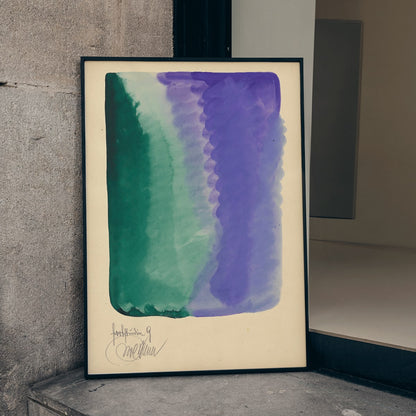 Abstract watercolor art poster with green and purple hues blending titled Farbstudien 10 Blaetter IX by Karl Wiener, framed and displayed in modern living room decor