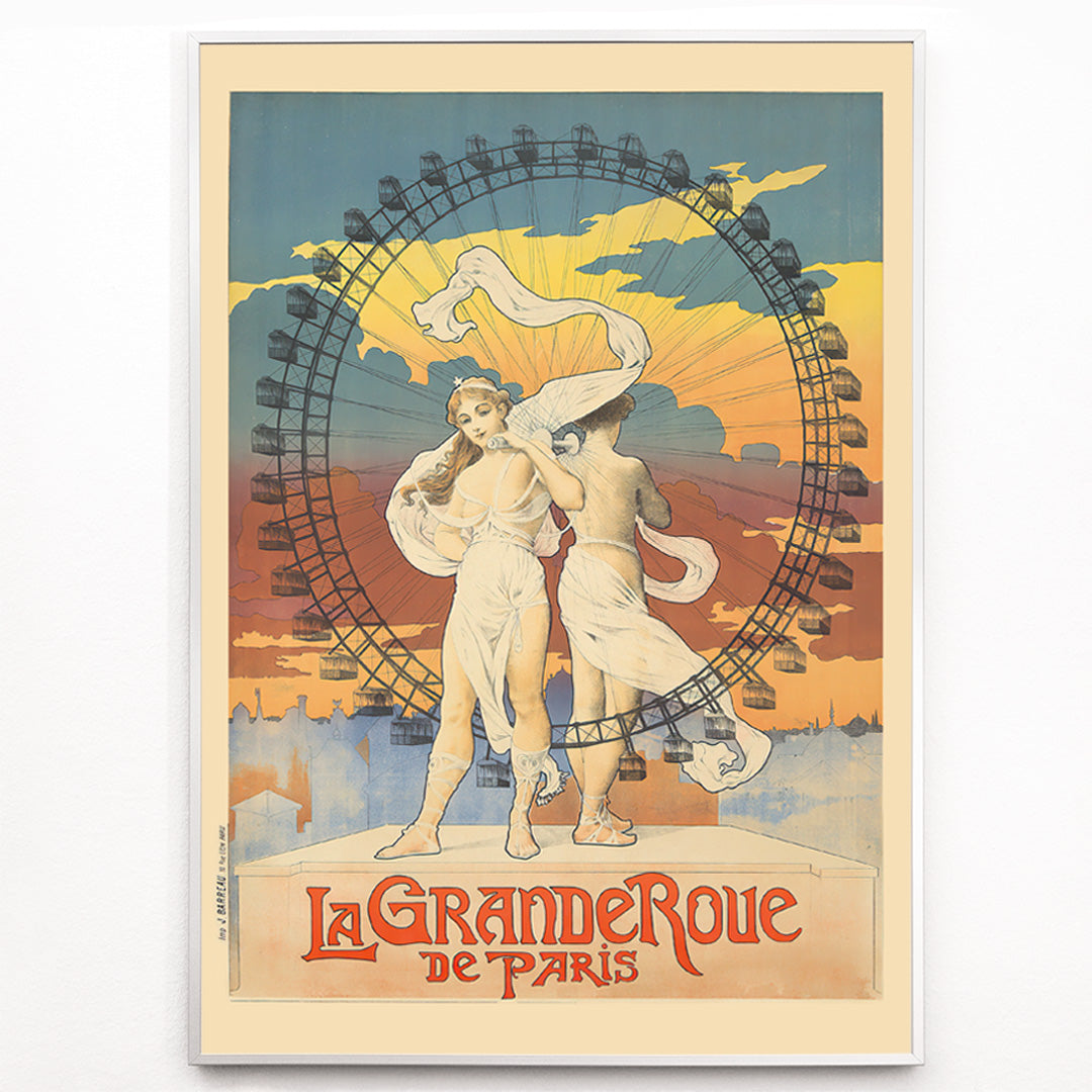 Closeup detail of Two women in flowing dresses in front of a Ferris wheel at sunset colorful sky La Grande Roue artwork poster