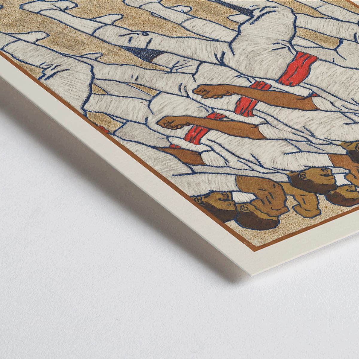 Closeup detail of Federal Gymnastics Festival in Basel by Eduard Renggli showing male athletes in white uniforms with red sashes performing synchronized movements in formation