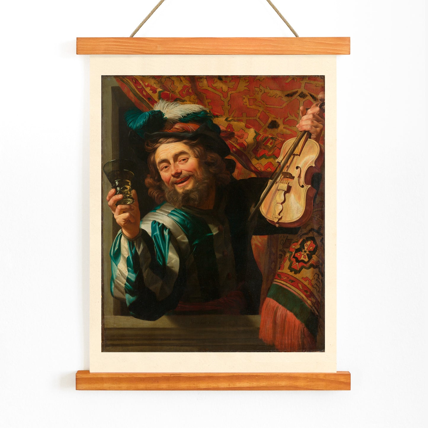 Poster of Gerard van Honthorst The Merry Fiddler cheerful man holding violin and glass by window inspired artwork, with wooden magnetic frame on white background