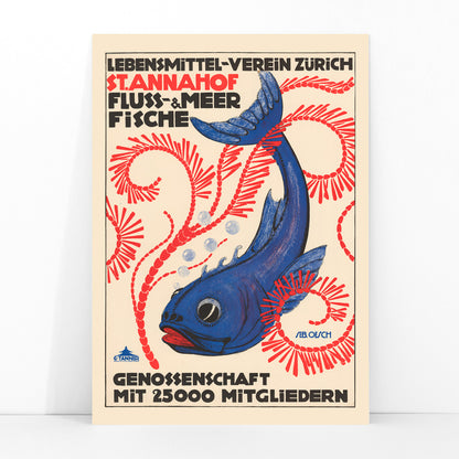 Colorful fish poster with bubbles red seaweed and blue fish with red swirls bold text Food Association Zurich river and sea fish by Sebastian Oesch, framed and displayed in modern living room decor