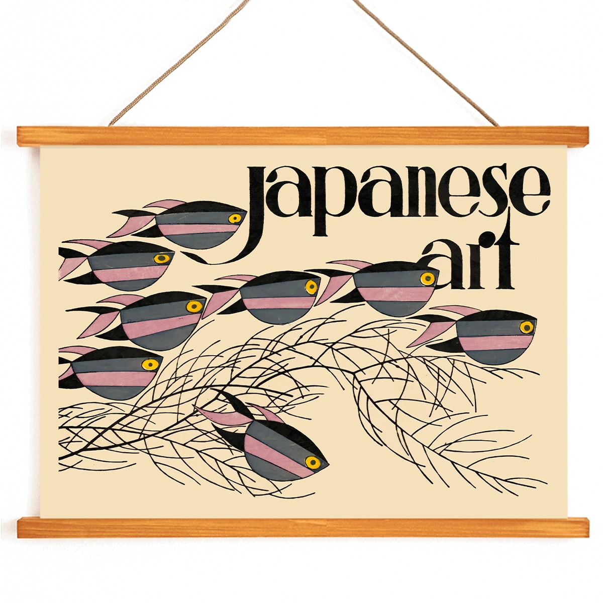 Japanese Art by Julius Klinger colorful fish and seaweed poster with text illustration, with wooden magnetic frame on white background