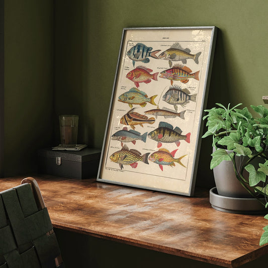 Colorful fish illustrations poster by Lorenz Oken from General Natural History for All Classes PI.048, framed and displayed in home decor