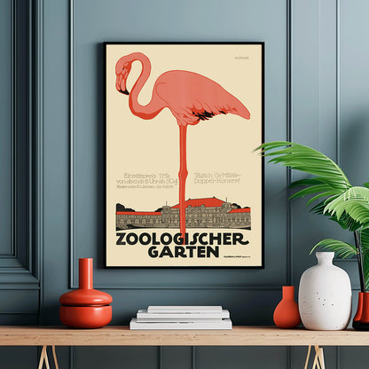 Poster of Zoologischer Garten by Julius Klinger with a pink flamingo and zoo building facade illustration, framed and displayed in home decor