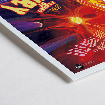 Closeup detail of Colorful space-themed poster titled Flares of Fury by NASA featuring vibrant solar flares planets stars and a bright red and orange fiery explosion with celestial elements in the background