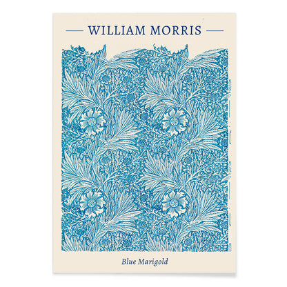 Blue Marigold illustration by William Morris featuring intricate blue floral patterns and leafy designs poster and artwork, with black aluminium frame on white background