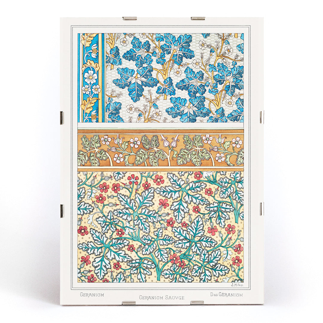 Decorative wild geranium botanical artwork and floral pattern poster by Maurice Pillard Verneuil from La Plante et ses Applications ornementales, framed and displayed in modern living room decor