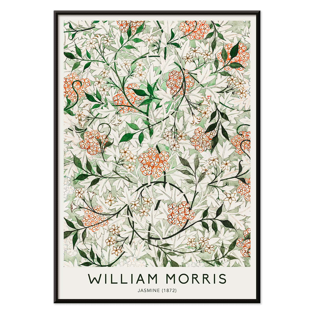 Floral botanical pattern of jasmine flowers and green orange leaves by William Morris artwork poster, with black aluminium frame on white background