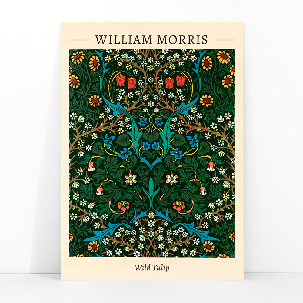 Wild Tulip floral patterned artwork poster by William Morris featuring intricate green blue and red designs for wall decor, framed and displayed in modern living room decor