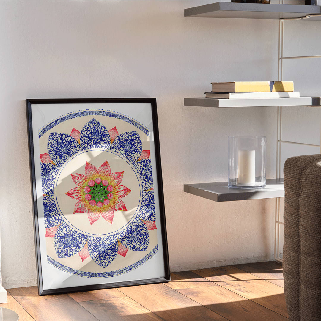 Pink floral pattern with intricate blue and red designs from Examples of Chinese Ornament by Owen Jones poster, framed and displayed in home decor