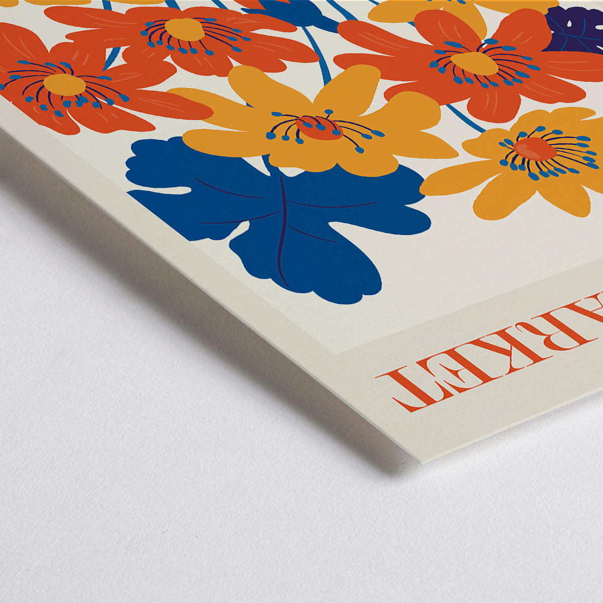 Closeup detail of Vibrant orange yellow and blue flower artwork poster titled Flower Market Barcelona by artist Moryarty with text displayed at top and bottom