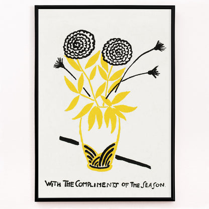 Closeup detail of Yellow and black floral arrangement illustration and abstract flower poster in a vase with text With the Compliments of the Season by Henry Lyman Sayen