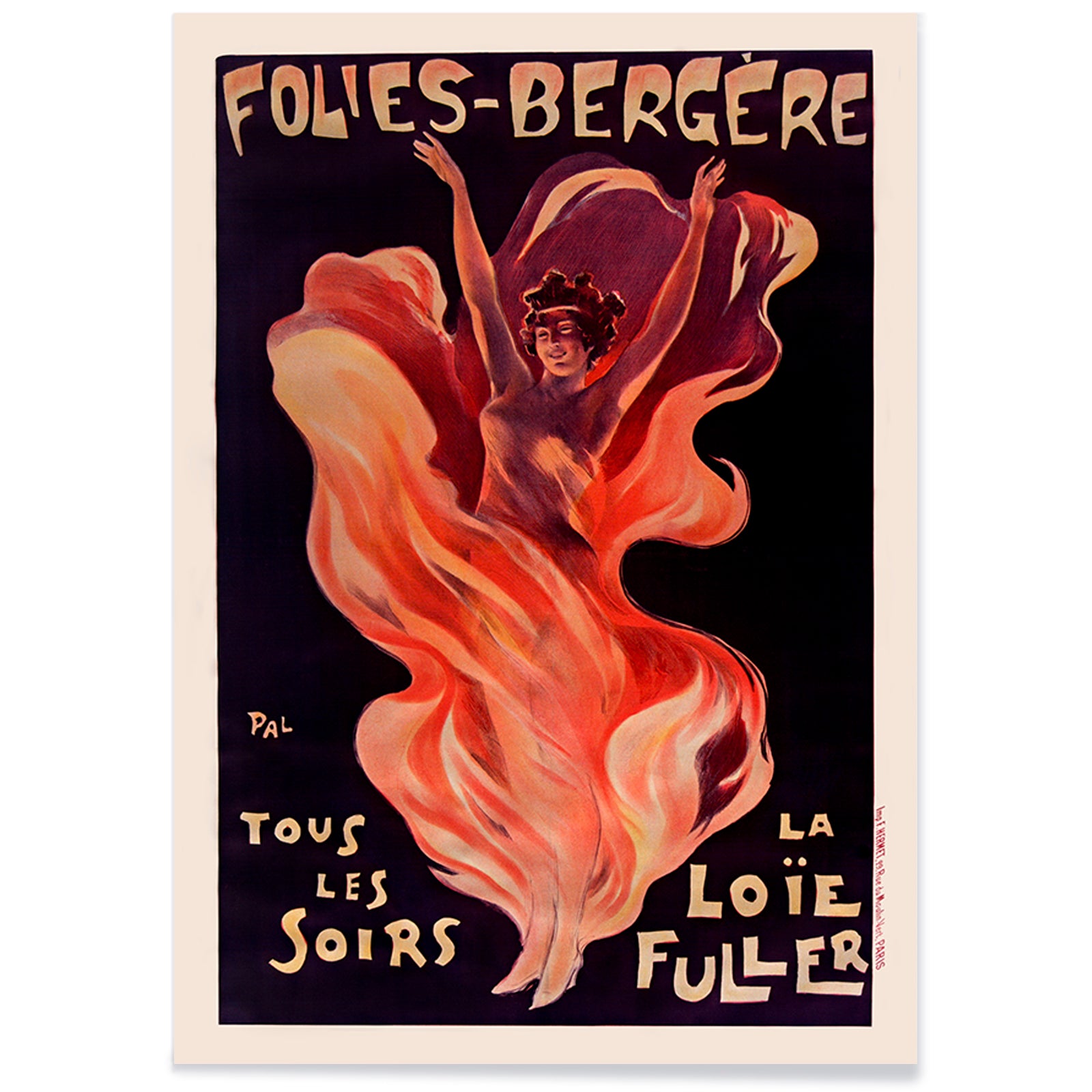 Folies-Bergere La Loie Fuller by Pal vibrant poster artwork featuring a dancing woman with flowing and swirling colorful fabric, with black aluminium frame on white background