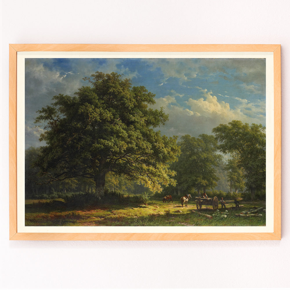 Closeup detail of Pastoral landscape poster of The Bentheim Forest by George Andries Roth showing lush green forest large trees and people working with horses