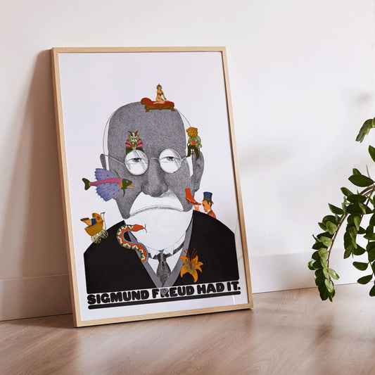 Surreal Sigmund Freud portrait and poster with colorful whimsical illustrations by Seymour Chwast, framed and displayed in home decor
