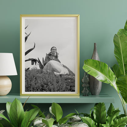 Frida Kahlo and Senora Diego Rivera seated beside agave plant photographed by Toni Frissell poster artwork, framed and displayed in home decor