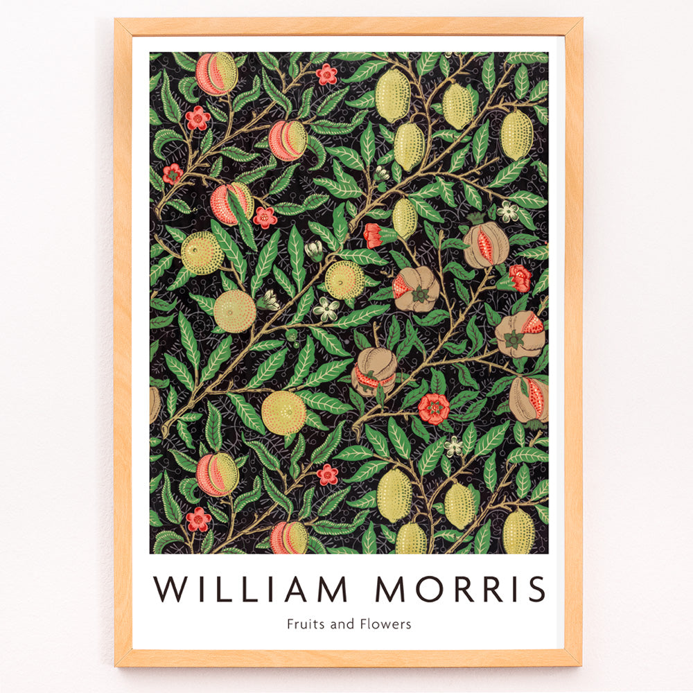 Closeup detail of Colorful fruit and floral pattern artwork by William Morris featuring detailed branches leaves and vibrant fruits ideal for home decor