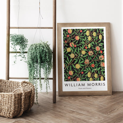 Colorful fruit and floral pattern artwork by William Morris featuring detailed branches leaves and vibrant fruits ideal for home decor, framed and displayed in home decor