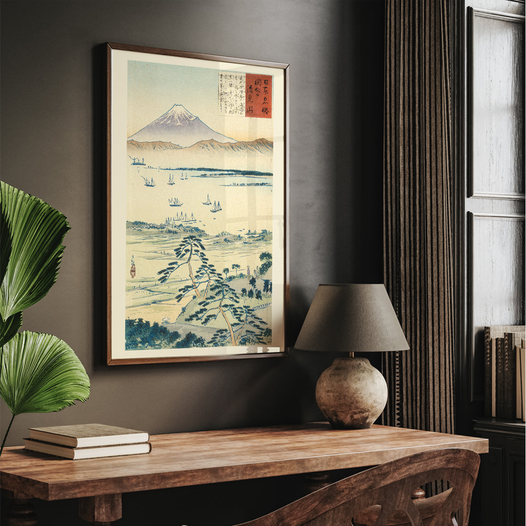 Mount Fuji with sailing boats and trees by Kobayashi Kiyochika Japanese landscape poster, framed and displayed in home decor