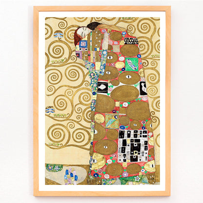 Fulfillment by Gustav Klimt vibrant embrace poster with intricate figures colorful patterns and swirling golden backgrounds, framed and displayed in modern living room decor