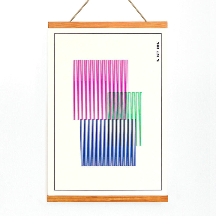 Abstract geometric art poster with colorful overlapping and vertical lines in red blue and green by W Soya inspired by Red Blue Green modern decor, with wooden magnetic frame on white background