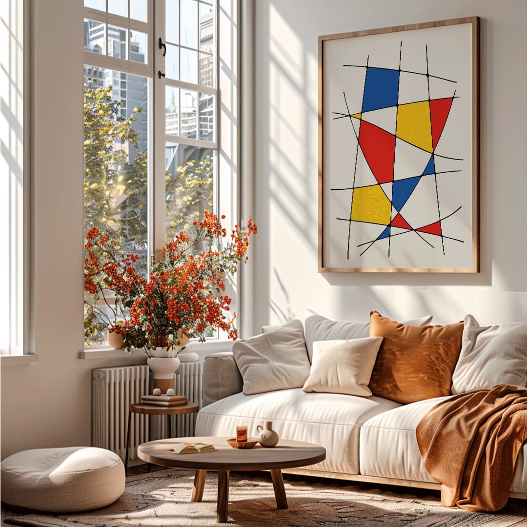 Abstract art painting and poster titled Geometric Lines and colors 1 featuring intersecting black lines with red yellow and blue colorful shapes, framed and displayed in home decor