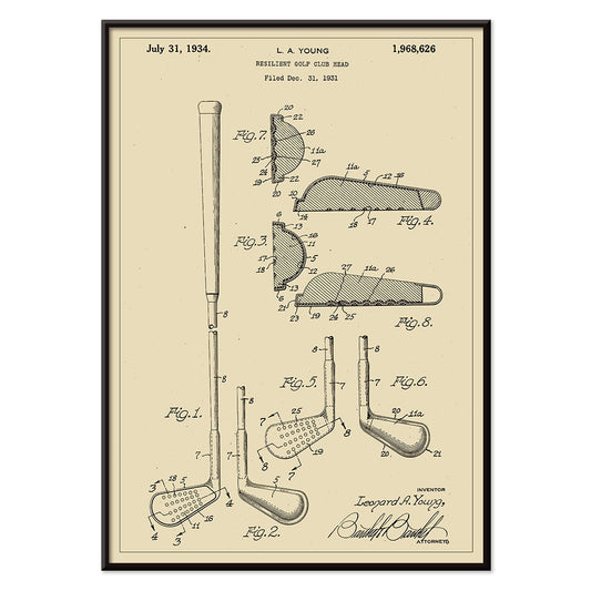 L A Young Resilient Golf Club Head Patent Illustration Design Drawings and Poster with Technical Specifications, with black aluminium frame on white background