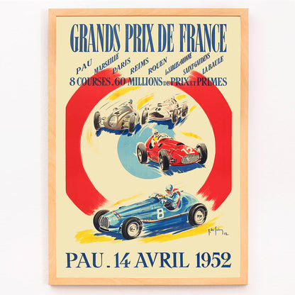 Vintage poster by Jean Des Gachons showing colorful race cars and event details for Grands Prix de France at multiple locations, framed and displayed in modern living room decor