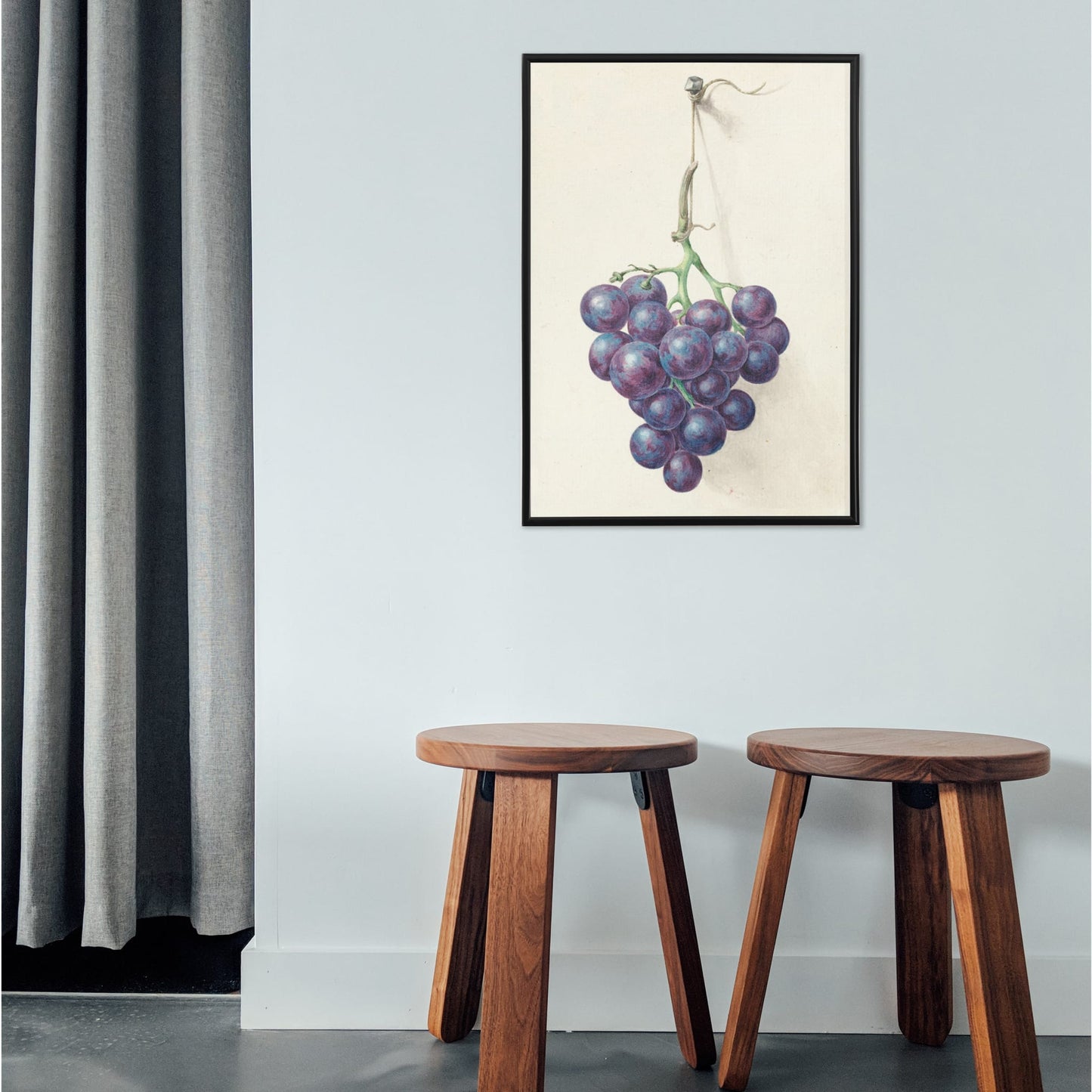 Realistic painting and poster of a bunch of blue grapes on a vine by Jean Bernard with light background, framed and displayed in home decor