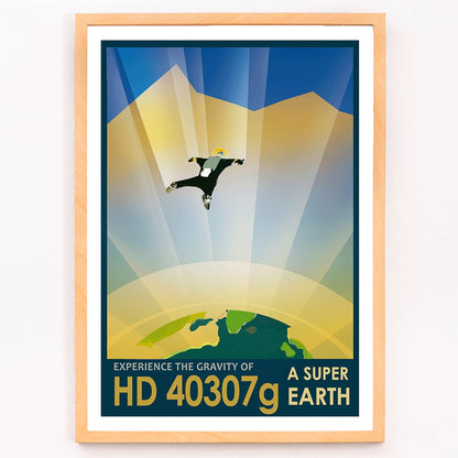 Astronaut skydiving above alien landscape HD 40307g super earth by NASA space exploration poster, framed and displayed in modern living room decor